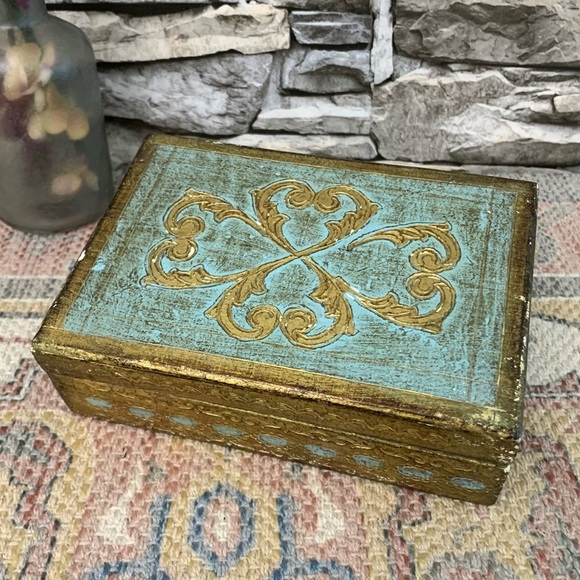 Vintage Other - #07 Vintage Italian Florentine Turquoise Florentia Gilt Wood Trinket Jewelry Box